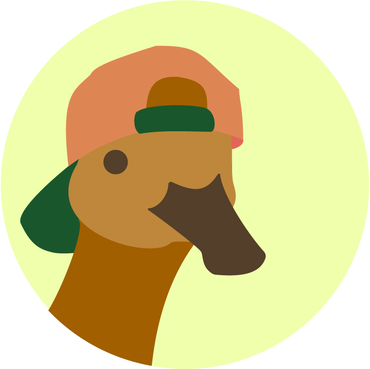 brown duck with a backwards cap on its head