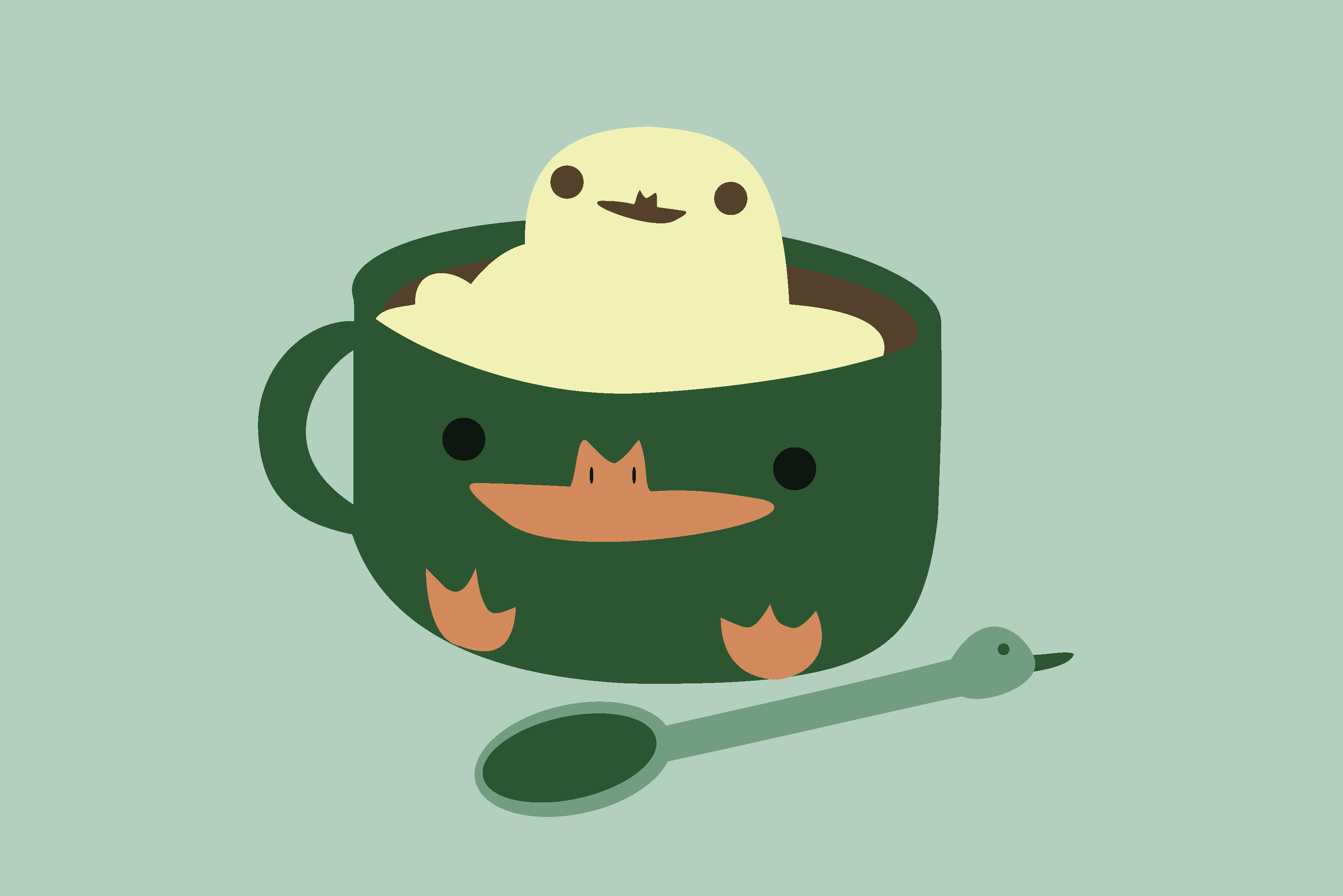 A latte in a green duck mug with duck shaped foam on top